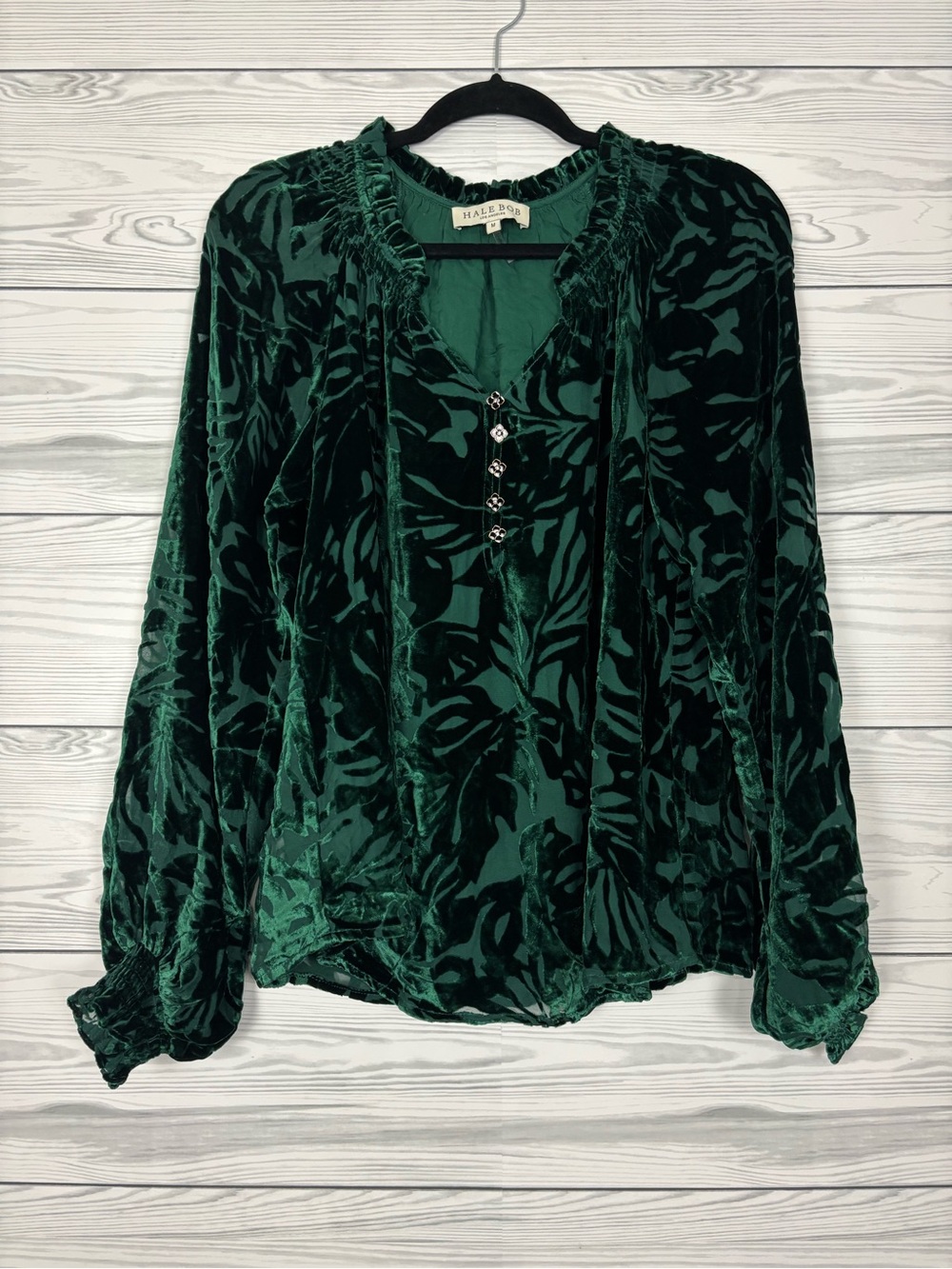 Hale Bob Green velvet burnout v neck blouse size medium